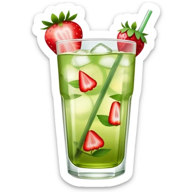 glass of iced green tea with strawberry slices sticker