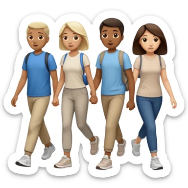 iOS emoji style - a men and 2 women in casual clothes and wearing trainers. Walking in the same direction quickly together. 
Not holding hands. 
 sticker