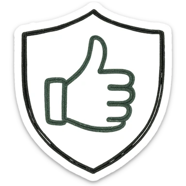 minimalist green thumbs up emoji inside shield, light blue background, conveying message all is well and safe sticker
