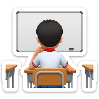 student sitting in classroom back view with one hand on chin apple style emoji sticker