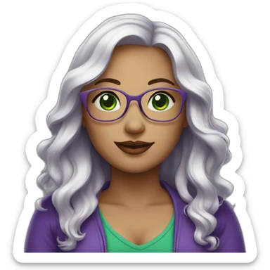 curvy-woman-white, purple-long-wavy-hair, green-eyes-square-glasses sticker
