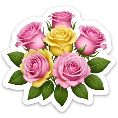 A mixed bouquet of four flowers, featuring pink roses and yellow lisianthus. sticker
