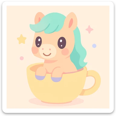 a cute and whimsical pony sitting inside a coffee cup sticker