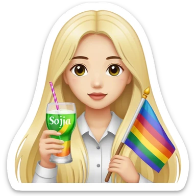 long hair girl holding rainbow flag with "text" Soju lang malakas" sticker