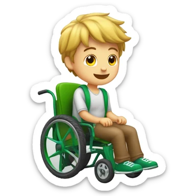niño en silla de ruedas, delgado, con pelo rubio, sacando la lengua, con los ojos grandes y verdes, cara muy delgada y alargada sticker
