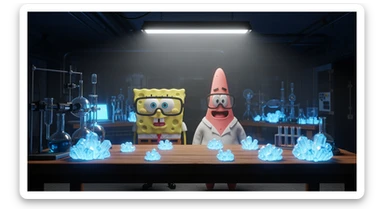 3D cienmatic cartoon shot, spongebob and patric dress in safety glasses and safe white outfit, the are standing front of table with blue crystals on table glowing (light source) science room in basement, back light, Cinema 4d render, proffesional lightning sticker