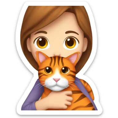 brown haired girl cuddling with orange tiger cat  sticker