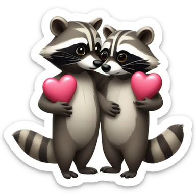 Two male raccoons hug with hearts sticker