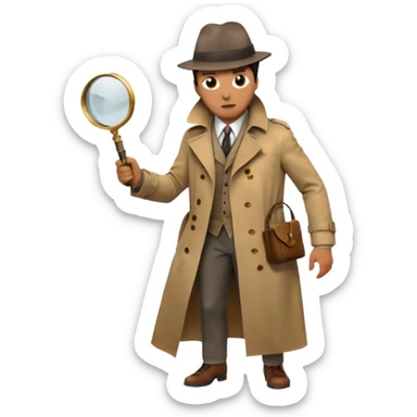 Icon for Detective Movie: A vintage movie poster-style design of a mysterious detective in a trench coat, holding a magnifying glass. Include dark alleyways, fog, and shadowy figures. The design should evoke a classic noir detective story with retro cinematic typography. Transparent background. sticker