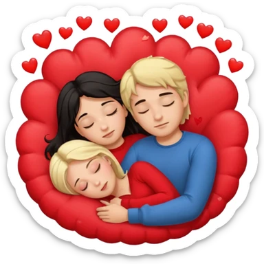 Sleeping romance couple. man has dark hair. woman is blonde. hearts around them. sticker