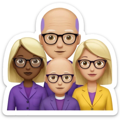 5 person team; 2 men and 3 women.  All dressed in yellow or purple.  Women have blonde and ash blonde hair.  1 man is black and bald, 1 man is caucasian and very little hair left.  All have glasses sticker