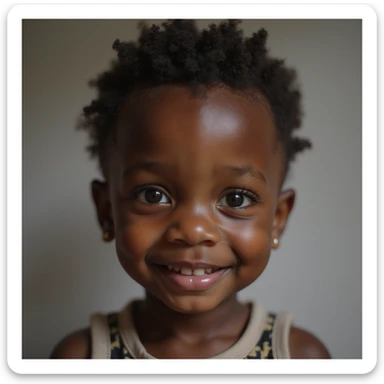 a little black child in realistic style, smiling, lifelike details, natural skin tone, detailed face sticker