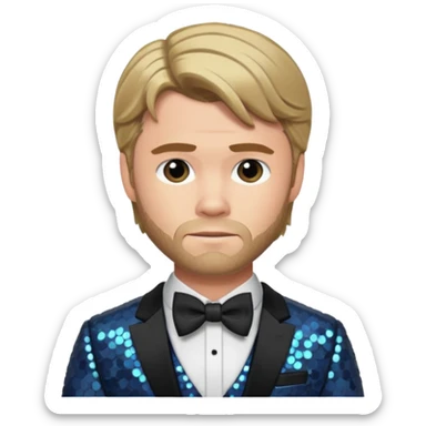 Chris Hemsworth with dark blonde hair, slate sequin suit with bow tie sticker