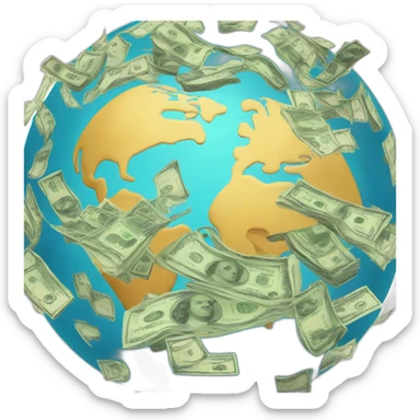 Planet with lines from many continents to eachother, surrounded by cash money sticker