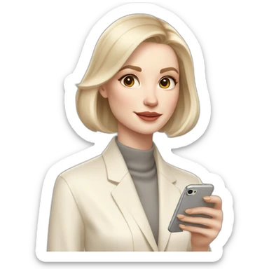 pale skin woman with ash blonde Straightened bob Hair, White Spacious classical jacket, beige palazzo Arrow pants and gray blouse holding white IPhone 15 pro in the hands sticker