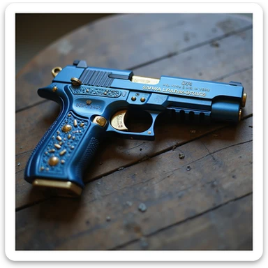 photorealistic blue pistol with gold accents, no heart shapes or motifs, on a white background sticker