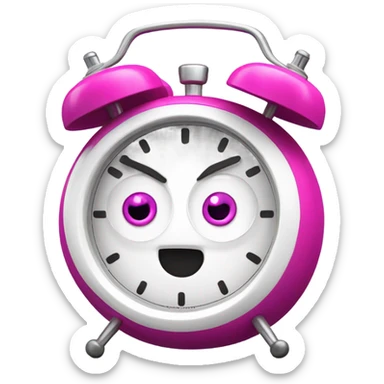 A fucsia alarm clock with eyes and a white dial for a face sticker