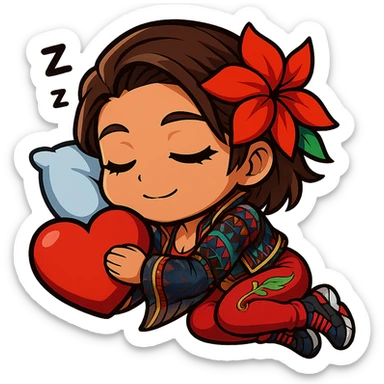 Azucena from Tekken 8 in chibi sticker style, sleeping with a little pillow, peaceful expression, wearing the detailed red and patterned outfit from the reference images, designed for Twitch emote use. sticker