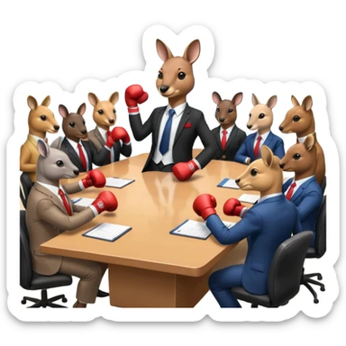 Kangaroo with boxing gloves sitting at a conference table with 7 other people sticker