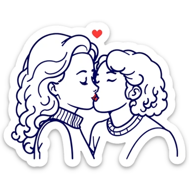 curly haired girl kissing a man with a beard, romantic couple kiss sticker