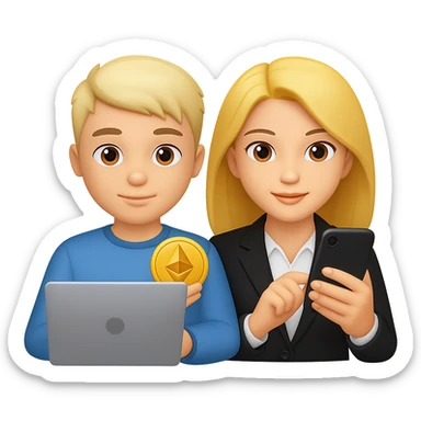 Combine the crypto investor man and girl together in an emoji style. The man should have a computer and the girl should have a mobile phone. Both are surfing the web for crypto knowledge. No background. sticker