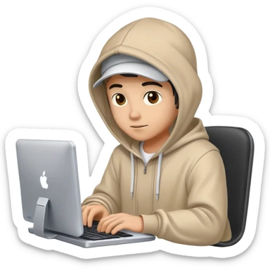 cool programmer with hoodie, snapback hat, and coding on computer sticker