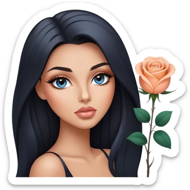 Glamours, tanned, very beautiful girl, with big pump peach-beige-rose lips, long long lashes, black straight smooth silky long hair, straight parting hair, blue-grey eyes sticker