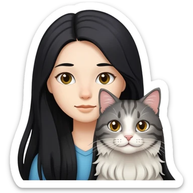 A girl with long black hair and  a long haired tabby cat sticker