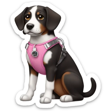 Black white brown dog with pink harness sticker