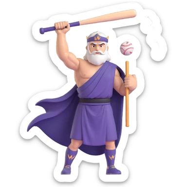 a heroic baseball god in a toga and jersey, bat raised, lightning crackling around sticker