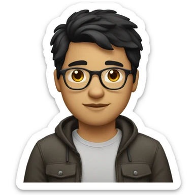 a young man with a fatter face, fair skin, straight black hair and glasses sticker
