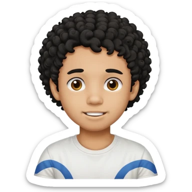 a black boy with a curly hair and a white t shirt no teet sticker