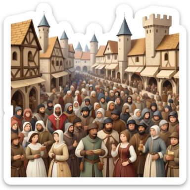 Medieval town crowd scene with many people together, mix of wealthy merchants and common townspeople gathered in a marketplace sticker