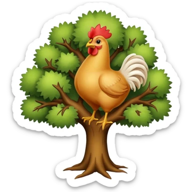 a tree with no leaves and a huge chicken on top sticker