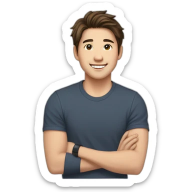 guy with brown hair, medium length hair, in his 20s, asian, smiling, t-shirt, shoulder sticker