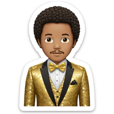 Quincy Jones with dark brown short afro hair, gold sequin suit with bow tie  sticker