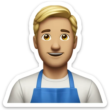 a guy in a blue apron stood behind him as a cook sticker