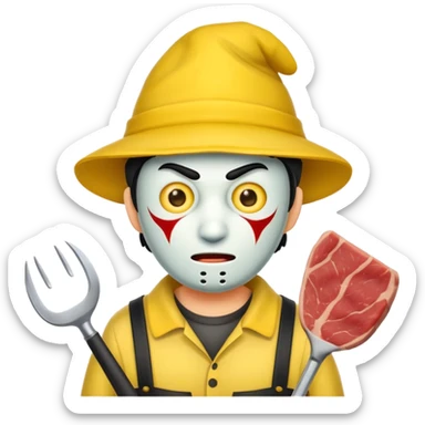 scary evil man look like from friday 13th with the yellow hat and meat khife sticker