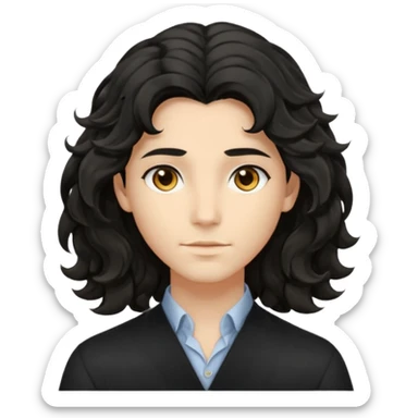 his avatar has shoulder-length black wavy hair with loose curls framing the face, and a long, pointed face with golden-brown eyes and a calm, neutral expression. sticker