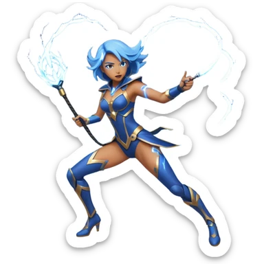 android woman in a dynamic attacking pose swinging a blue lightning whip, smooth clean simple style like Apple emoji sticker