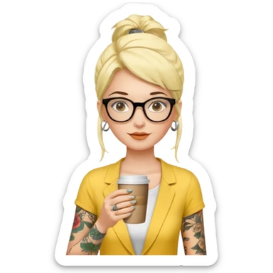 gözlük takan, dövmeli ve elinde kahve tutan, yaz kıyafetli bir kadın. kıyafeti sarı olsun sticker