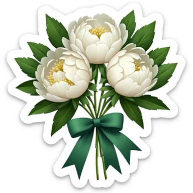 bouquet of white peonies with a dark green ribbon, minimalism, iOS emoji style, no faces or smileys sticker