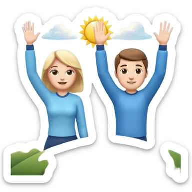 A 3D cartoon couple on top of a hill raising hands in victory, sunny sky and nature background, Memoji-style. sticker