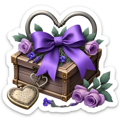 A midnight purple silk bow wraps around a bundle of wilted lavender sprigs, velvety pansies, and blush-violet roses, resting on an aged wooden table. Nearby, an antique silver locket shaped like a heart, engraved with tiny celestial stars, glistens faintly under the dim candlelight. sticker
