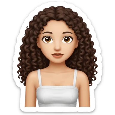 Woman with light skin and dark brown eyes and dark brown long curly hair and white tube top sticker