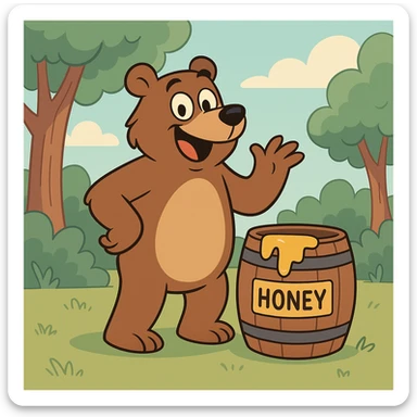 cartoon scene of a happy playful bear standing next to a honey barrel in a bright cheerful forest with trees bushes and blue sky sticker
