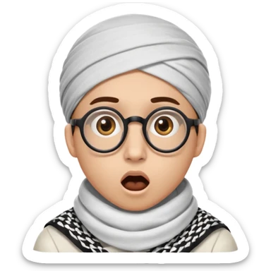 A person with light skin tone, wearing a traditional white keffiyeh with a black agal, large brown eyes, round glasses, and an open mouth showing a surprised or shocked expression. sticker