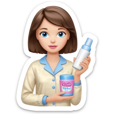 Barbie girl with makeup, blue eyes , and bob long haircut wavy, short brown hair in creamy color pajamas, face cream in hand sticker
