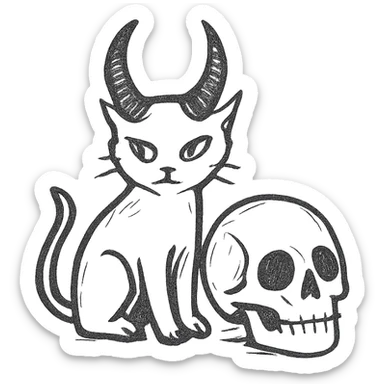black cat with prominent demon horns perched beside a human skull, hand drawn style, sketchy lines, no fill sticker