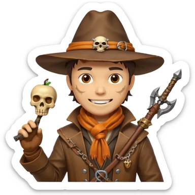 male human monster hunter emoji, wearing brown leather coat and wide hat, holding crossbow, with amulet shaped like skull, Halloween fantasy theme, confident smile, orange scarf, Apple emoji style, clean white background, square image sticker